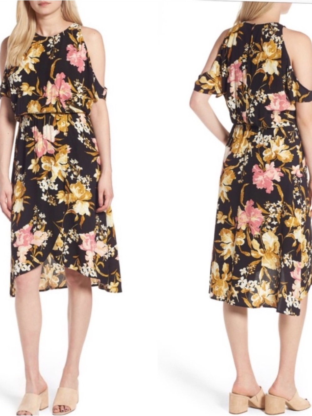 Nordstrom Leith Cold Shoulder Black Floral Midi Dress SZ L
